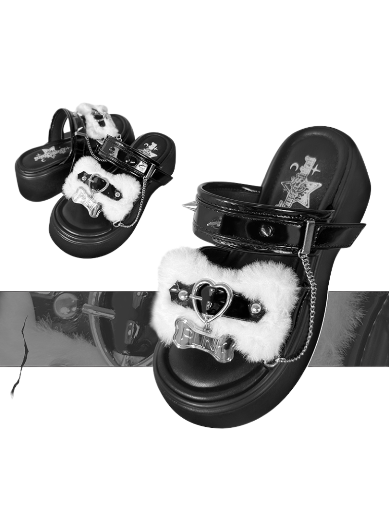 Punk Rivet Fur Chain Platform Flat Sandal