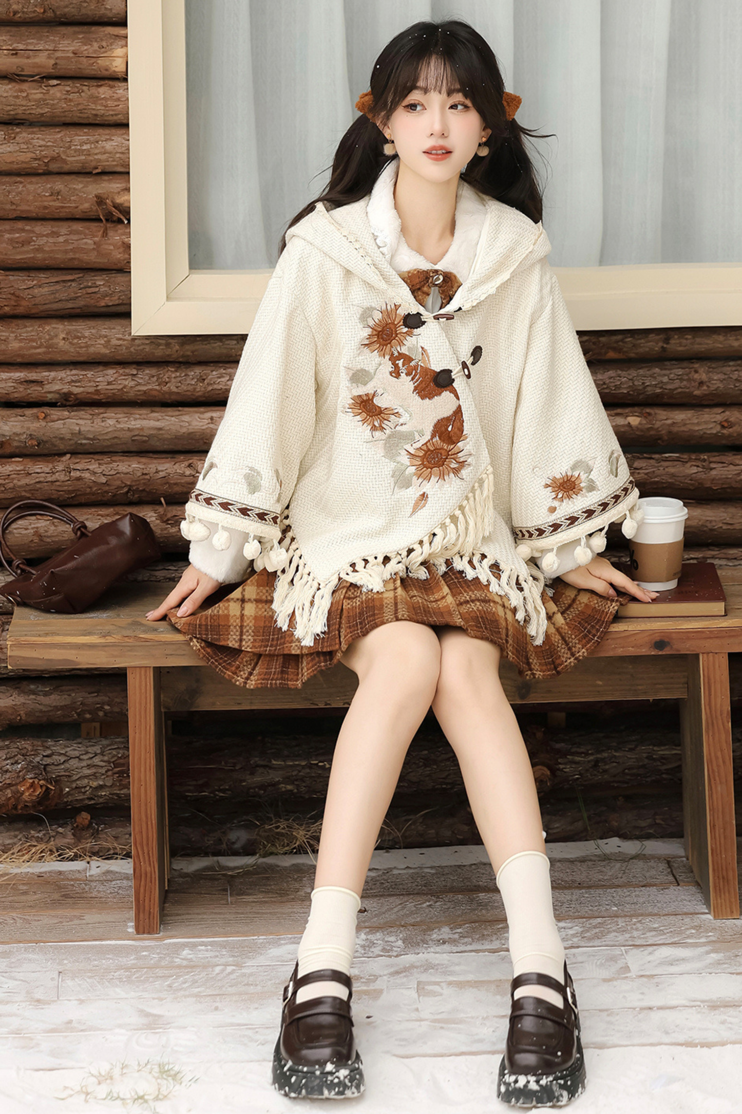 Retro Design Cape + Checkered Skirt + Shirt