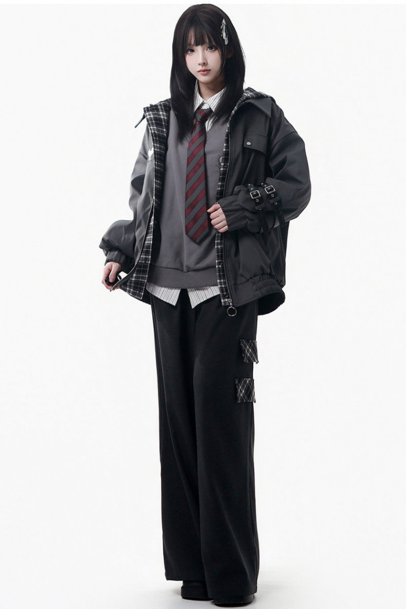 Big Fur Collar Jacket + Top + Skirt + Pants + Plaid Hooded Jacket