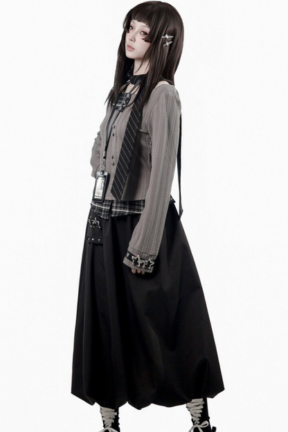 Y2k Dark Top + Flare Skirt + Scarf