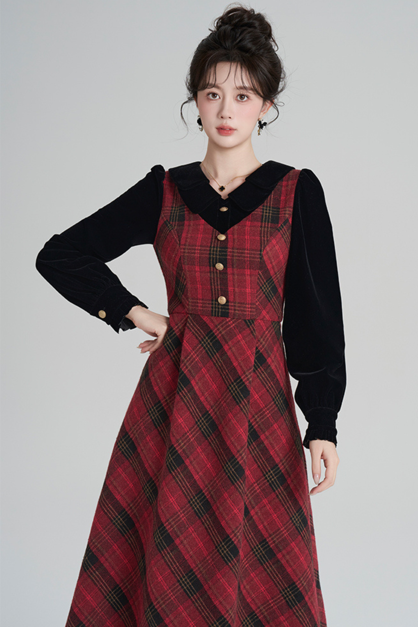 Red Retro Check Tweed Dress