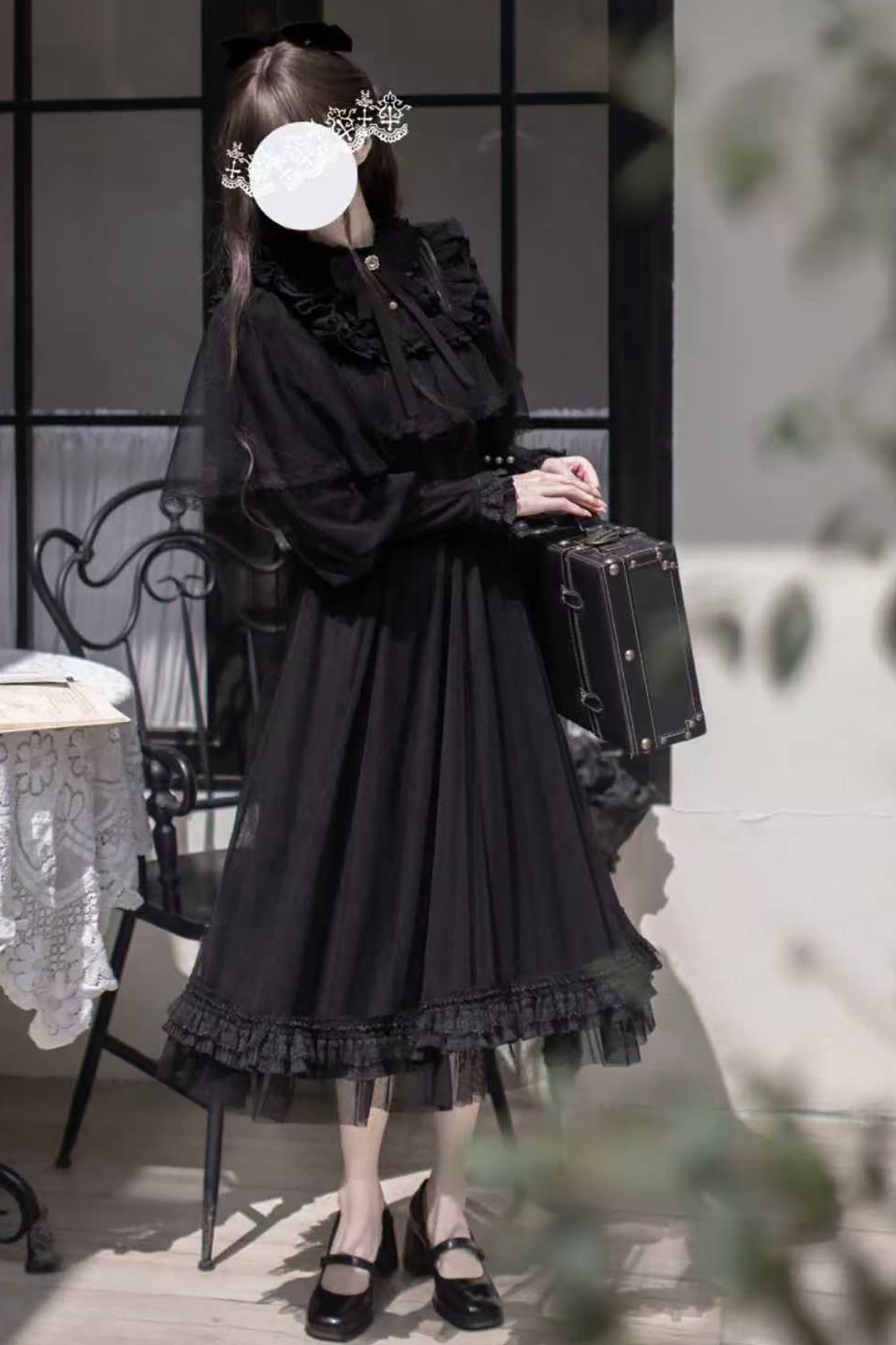 Dark Black Dot Gauze Shawl Dress