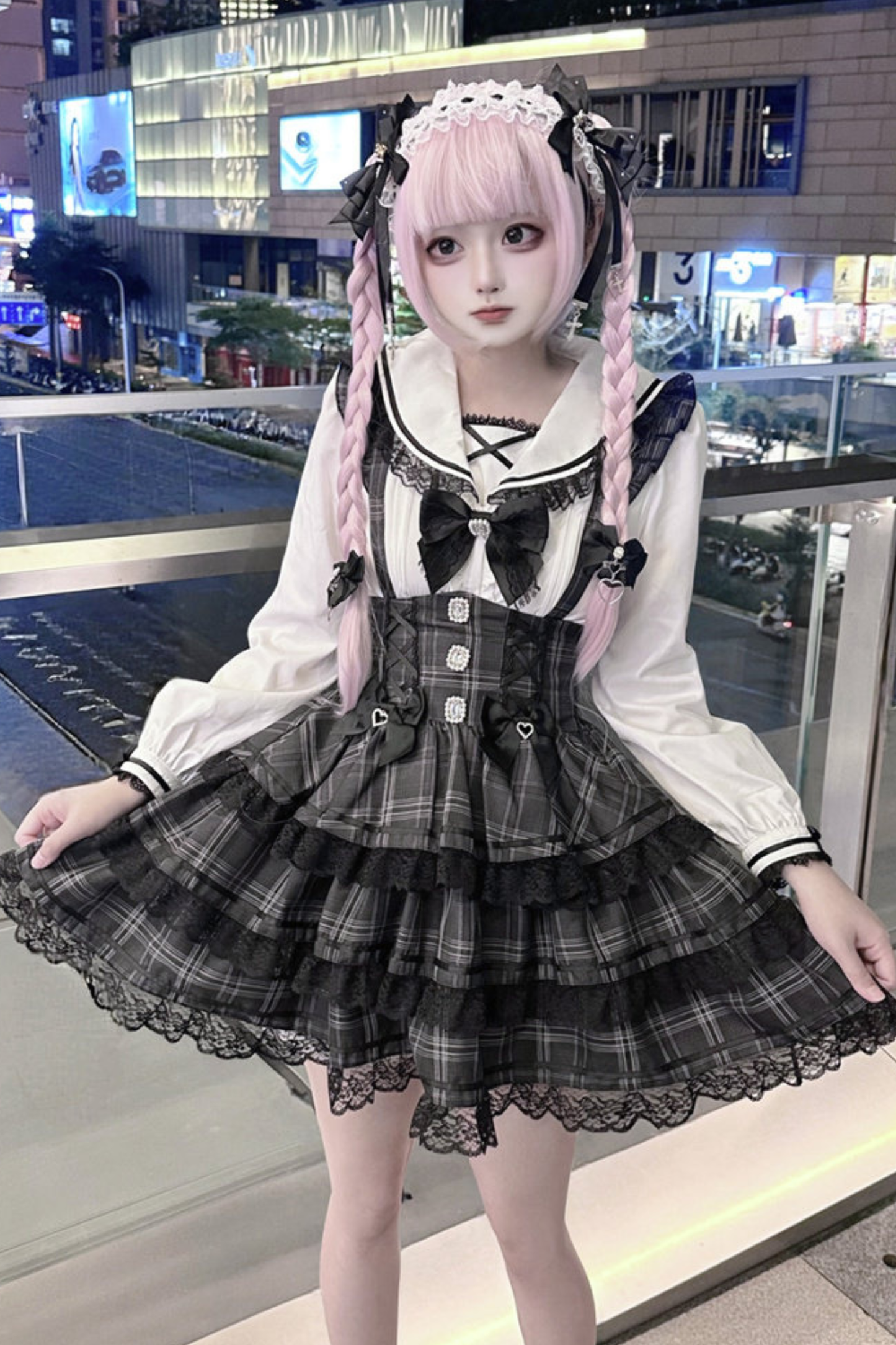 Plaid Flutter Sleeve Suspender Skirt + Top