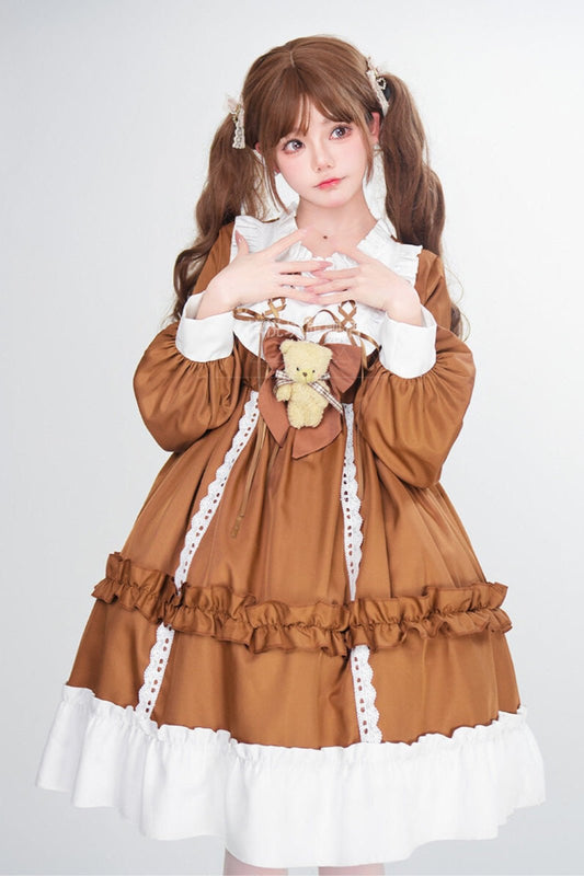 Doll Lace-up Lolita Dress + Bustle + Bear Ribbon