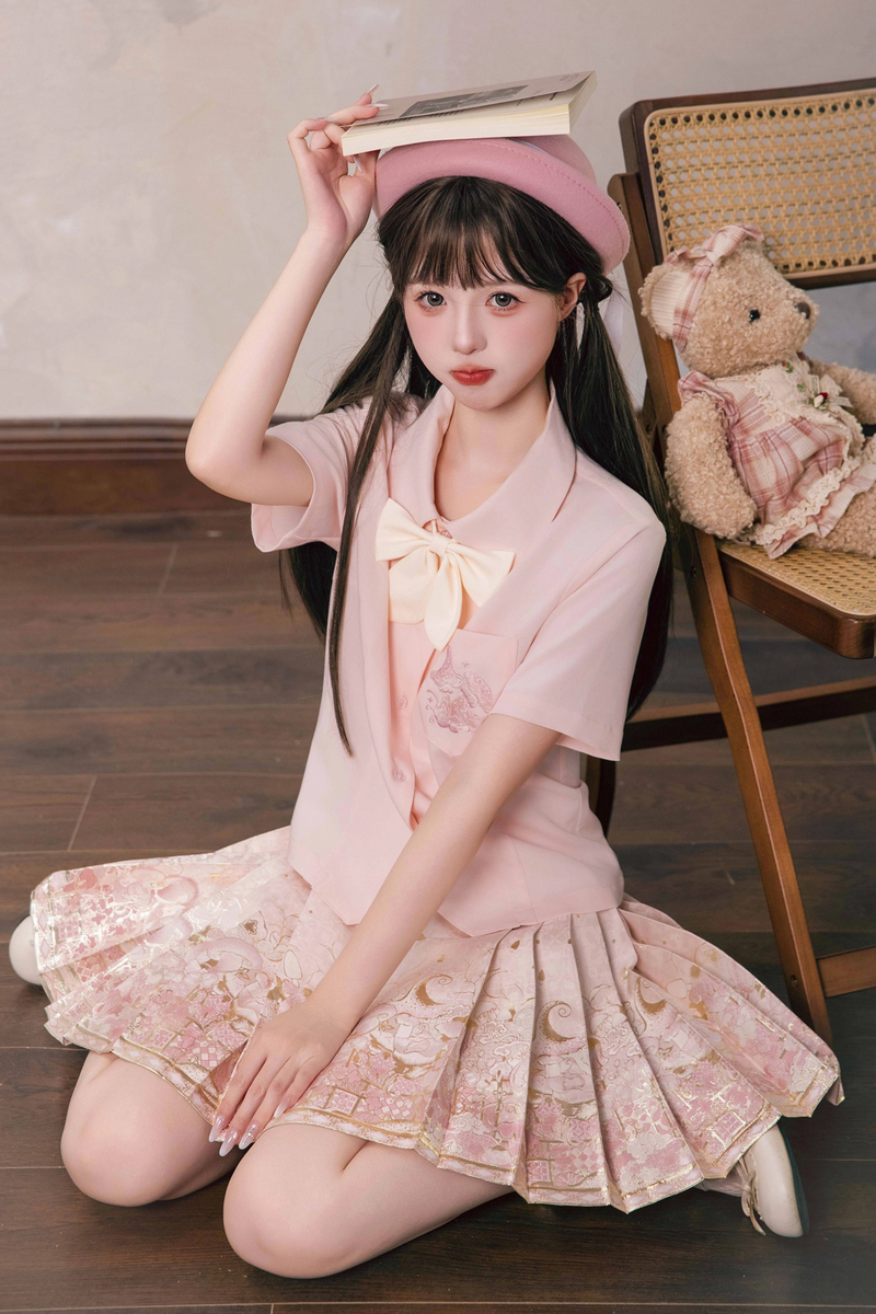 Sweet Chinese-style Preppy Shirt + Skirt + Bow Tie