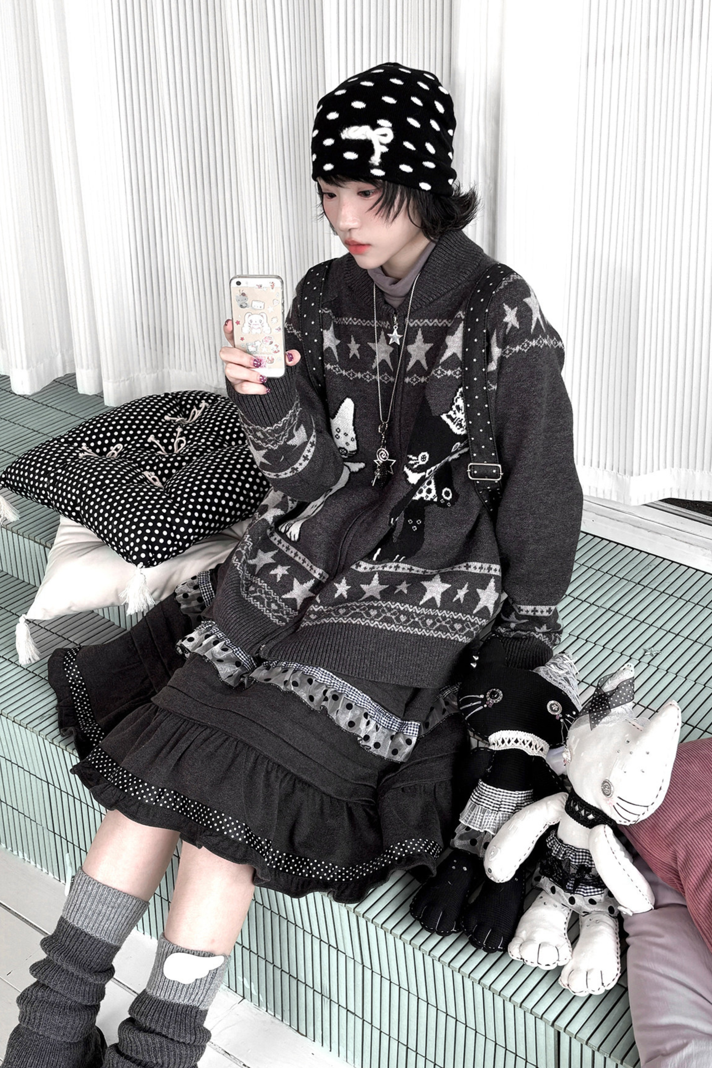 Y2k Jacquard Cardigan + Flared Skirt