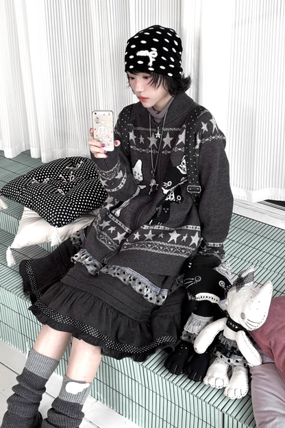 Y2k Jacquard Cardigan + Flared Skirt