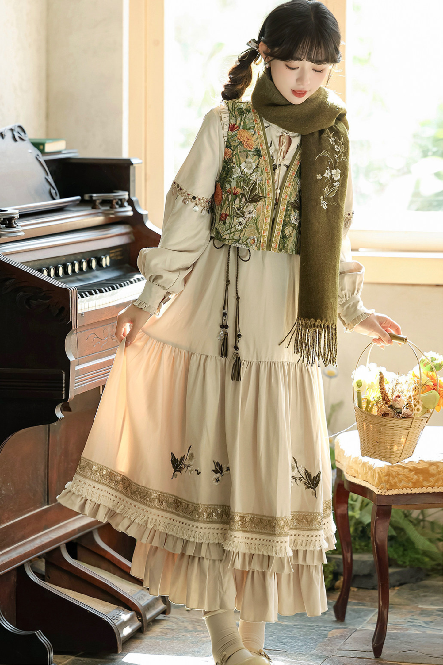 Pastoral Lolita Long Sleeve Dress + Vest + Scarf