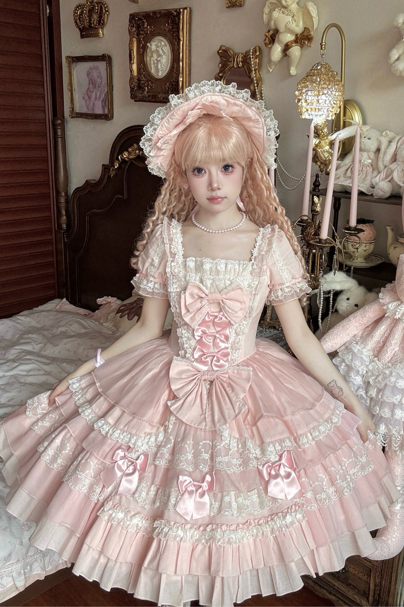 Sweetheart Ruffle Ribbon Lolita Dress + Bnt + Necklace + Princess Sleeve