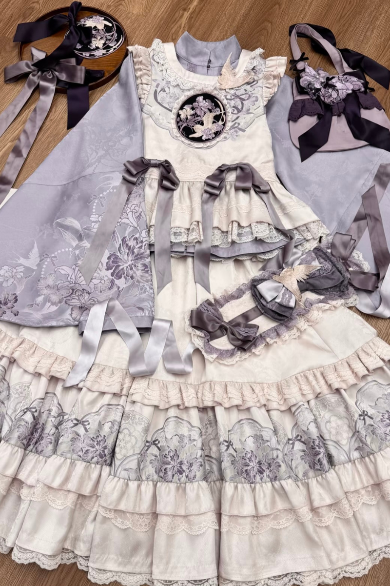 Chinese-style Stand Collar Jacket + Suspender Dress + Hairband