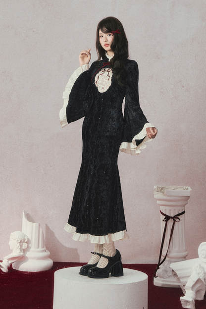 Retro Black Velvet Mermaid Tail Cheongsam Dress + Cape