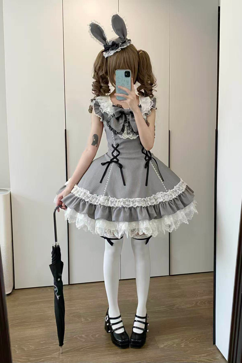 Sweet Lolita Stripe Jumper Skirt + Rabbit Hat