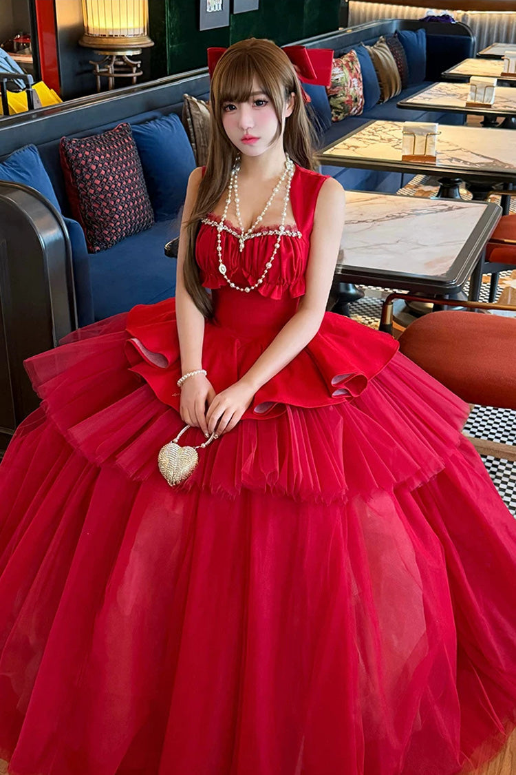 Red [romantic Rose] Square Collar Sleeveless Ruffled Classic Ballet Lolita Dress