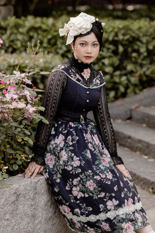 Black French Rose Print V Collar Sleeveless Ruffled Classic Lolita Jsk Dress