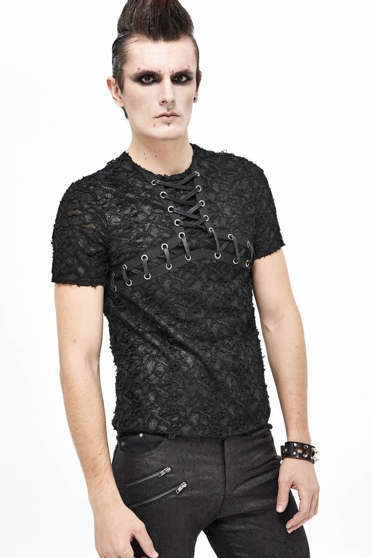 Black Broken Holes Thick Stripes Chest Lace-up Knit Short Sleeve Punk T-shirt