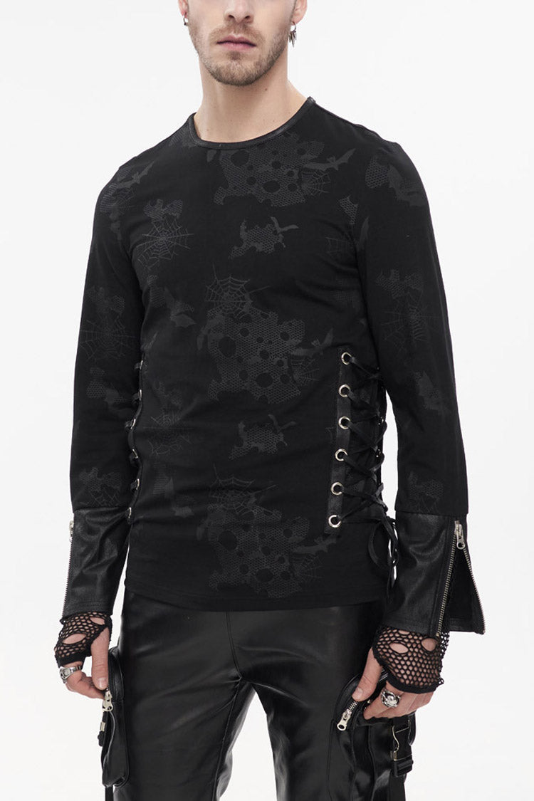 Black Punk Long Sleeve Knit Broken Holes Spider Web Print Crew Neck Shirt