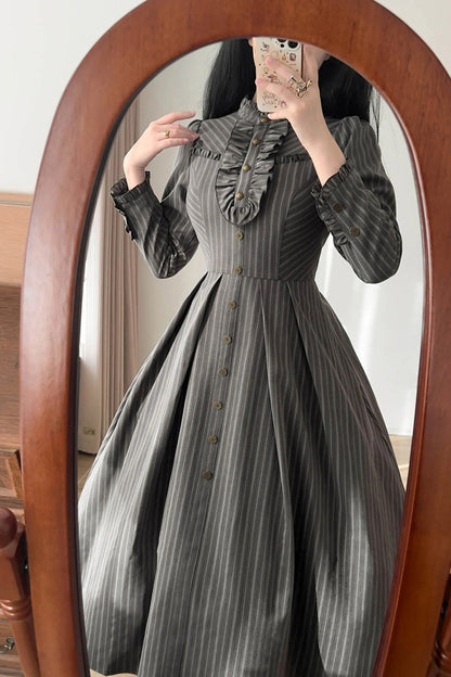[forest Castle] Stand Collar Long Sleeves Striped Printed Ruffled Classic Lolita Dress 3 Colors