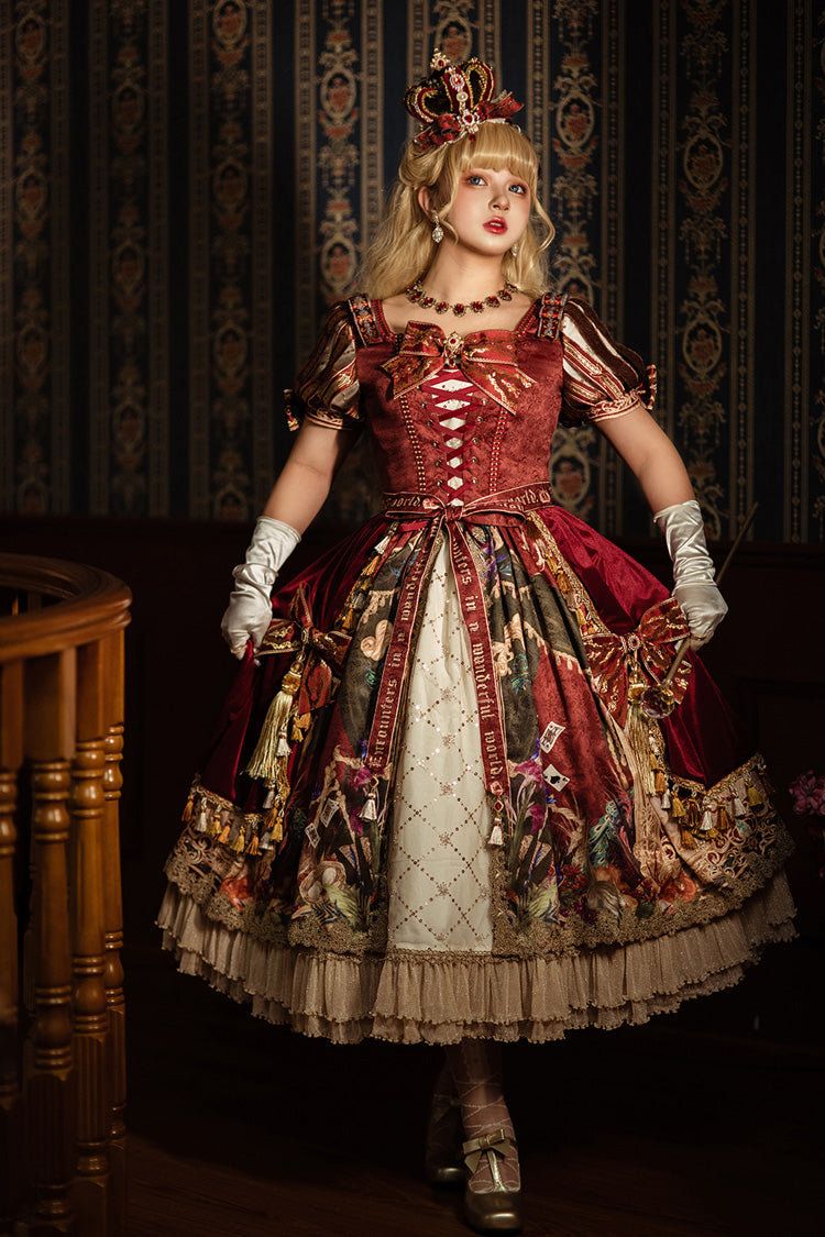 Red [kaleidoscope of Dreams] Double-layered Print Embroidery Bowknot Lace-up Classic Lolita Dress