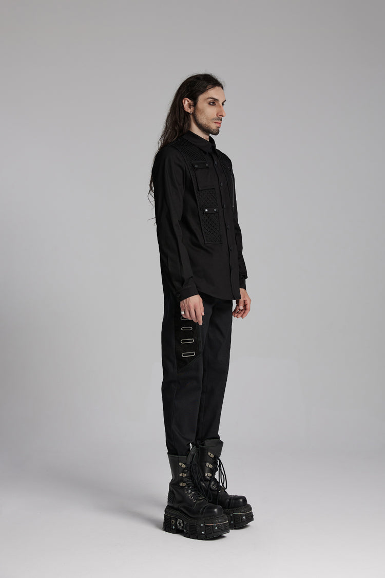 Black Lapel Collar Long Sleeves Zip Mesh Pocket Punk Blouse