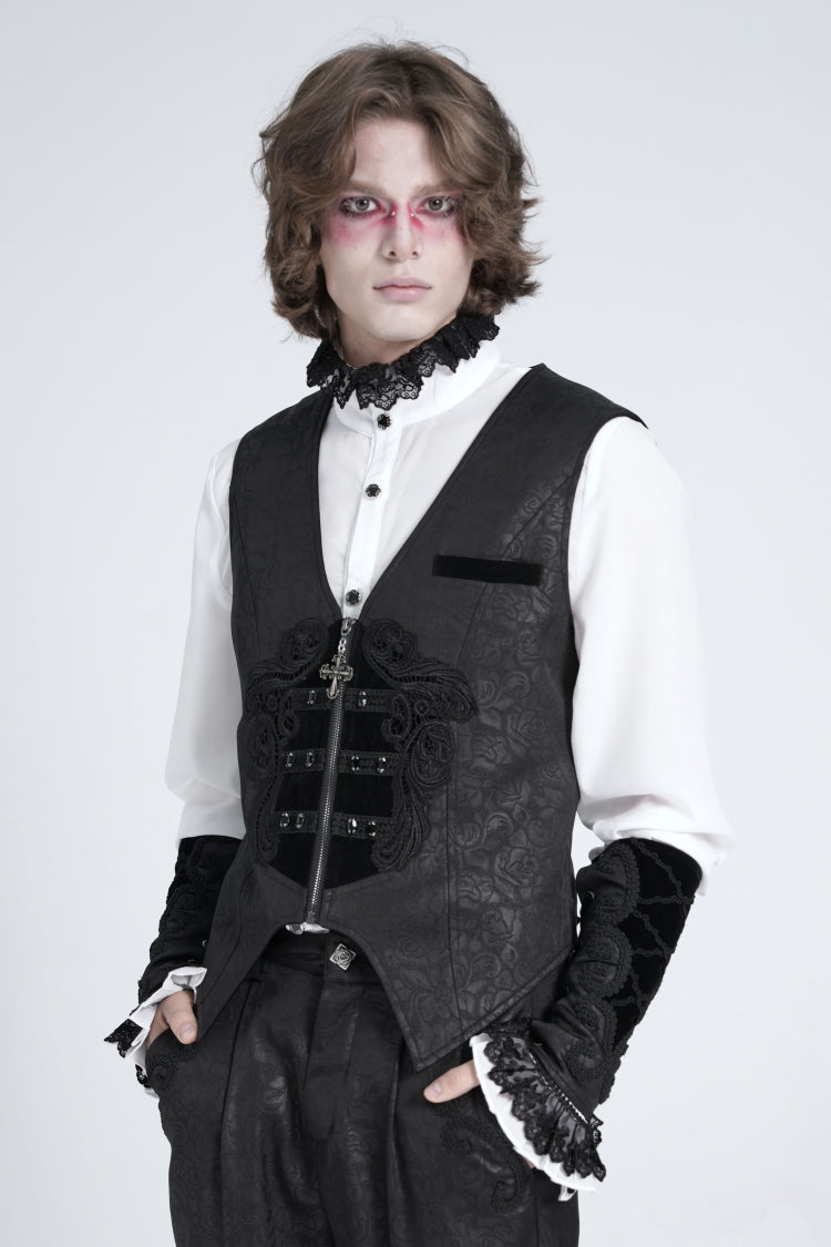 Black Sleeveless Embroidery Stitching Velvet Gothic Vest