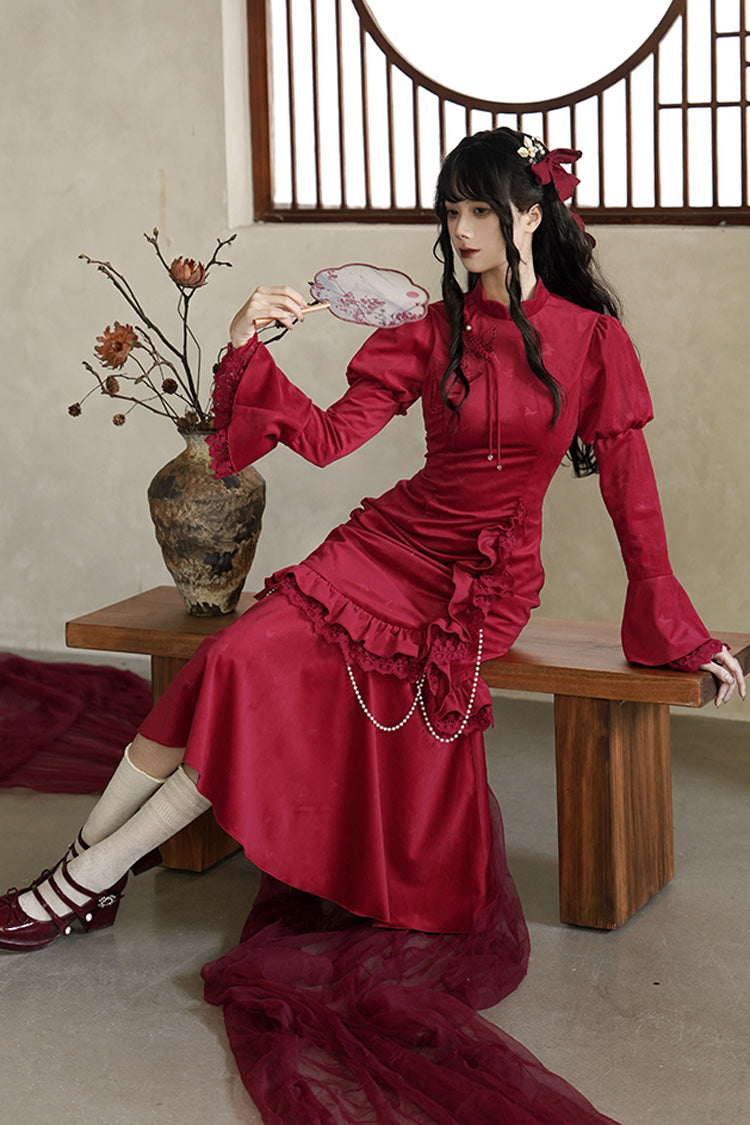 Red Long Sleeves Ruffle Embroidery Bowknot Lace Classic Chinese Style Lolita Dress