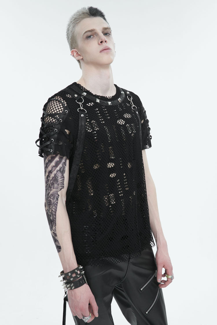 Black Half Hollow Shoulder Tie Design Punk T-shirt