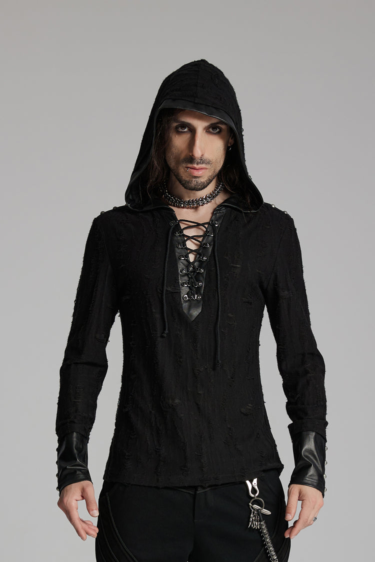 Black Long Sleeves Lace-up Hooded Studs Eyelets Punk T-shirt
