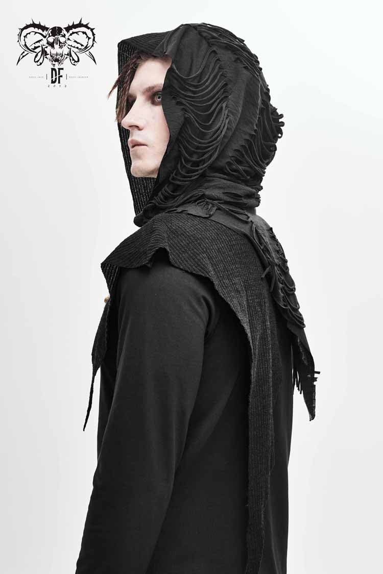 Black Long Sleeves Asymmetric Tatters Strip Leather Metal Loop Hooded Punk T-shirt