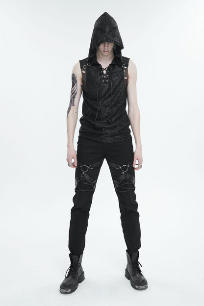Black Strappy Mesh Splice Punk Vest With Hood