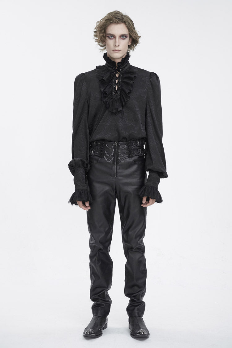 Black Stand Collar Long Sleeves Jacquard Ruffle Gothic Blouse