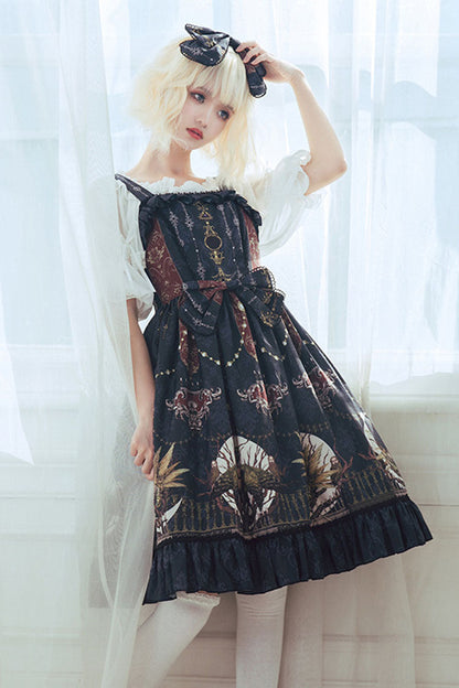 Dark Bule Bowknot Altar of the Month Print Ruffled Classic Lolita Suspender Dress