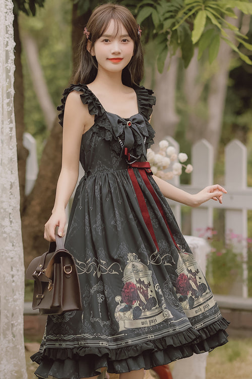 Black Ruffled Strap Court Print Front and Back Bow Classic Lolita Jsk Dress