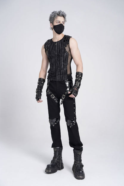 Black Sleeveless Ribbed Print Stitching Mesh Zipper Gothic Vest