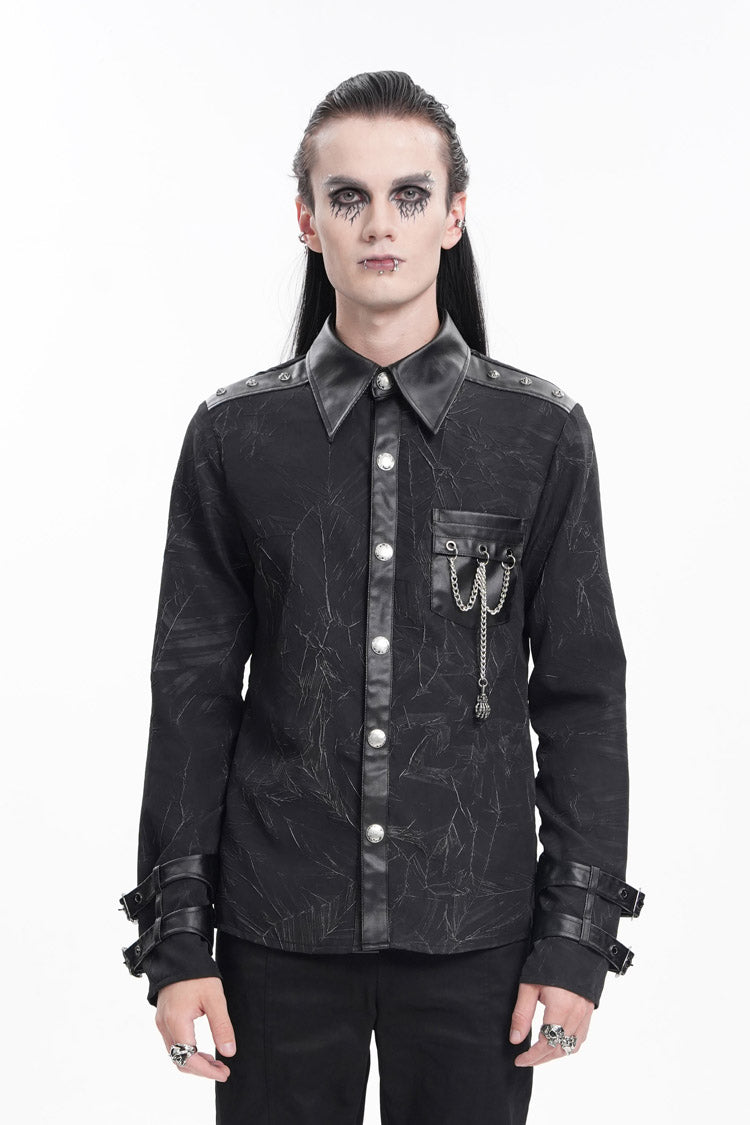 Black Lapel Collar Long Sleeves Buckle Chain Gothic Blouse