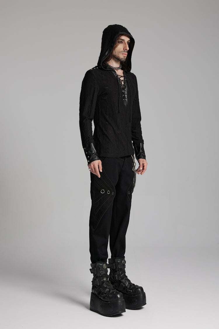 Black Long Sleeves Lace-up Hooded Studs Eyelets Punk T-shirt