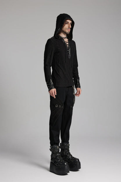 Black Long Sleeves Lace-up Hooded Studs Eyelets Punk T-shirt
