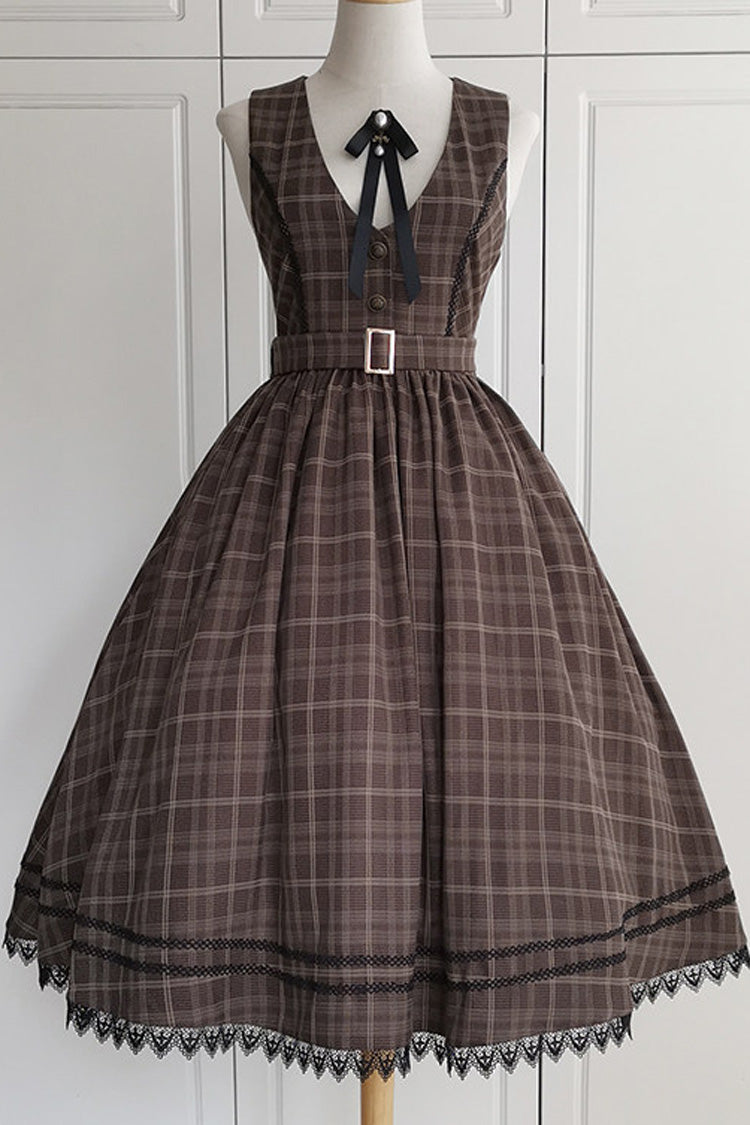 Brown [poem of Greina] V Collar Sleeveless High Waisted Printed Classic Lolita Jsk Dress