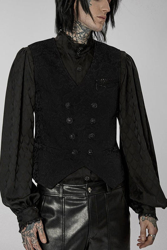 Black Punk V Neck Asymmetrical Relief Sculpture Jacquard Double Row Hand Seam Button Vest