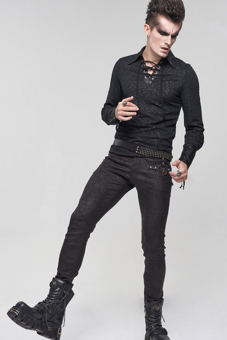 Black Gothic Pattern Decoration Tie Rope Design Knitted Elasticity Pullover Shirt