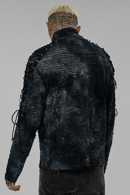 Black/blue Punk Post Apocalyptic Turtleneck Tattered Tie Dye Print Lace Up Long Sleeve T-shirt