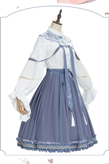 White/blue Chinese Style Hollow Long Sleeve Classic Lolita Dress Full Set