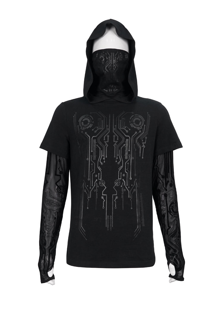 Black Paneled Mesh Long Sleeve Super High Collar Masked Circuit Diagram Printed Hooded Knitted Punk T-shirt