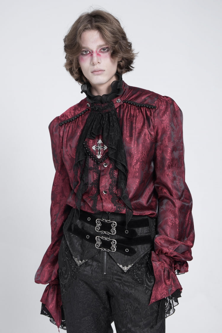 Red Long Puff Sleeves Gothic Blouse With Lace Necktie