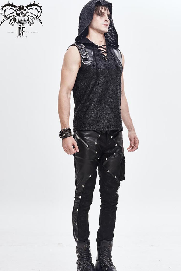 Black Hooded Tattered Chest Lace Up Metal Buckle Knit Punk Vest