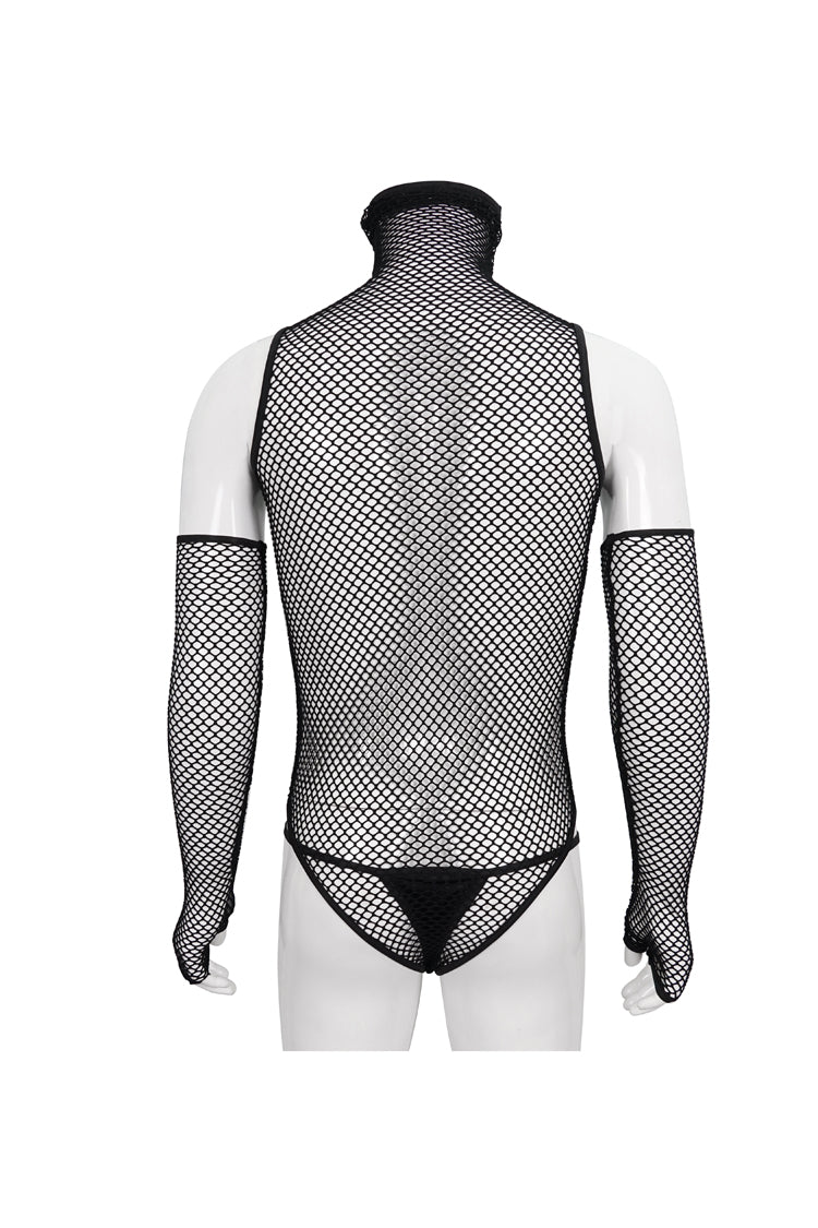 Black Transparent Mesh Super High Collar Masked Glove Thong Punk Onesie
