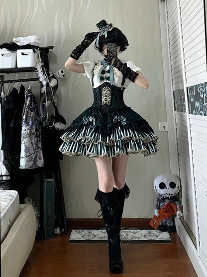 [pre-order Deadline: May 20] Magical Girl Lolita Lace Puff Sleeve Shirt + Black X Green Ribbon Corset Tiered Dress + Mini Hat