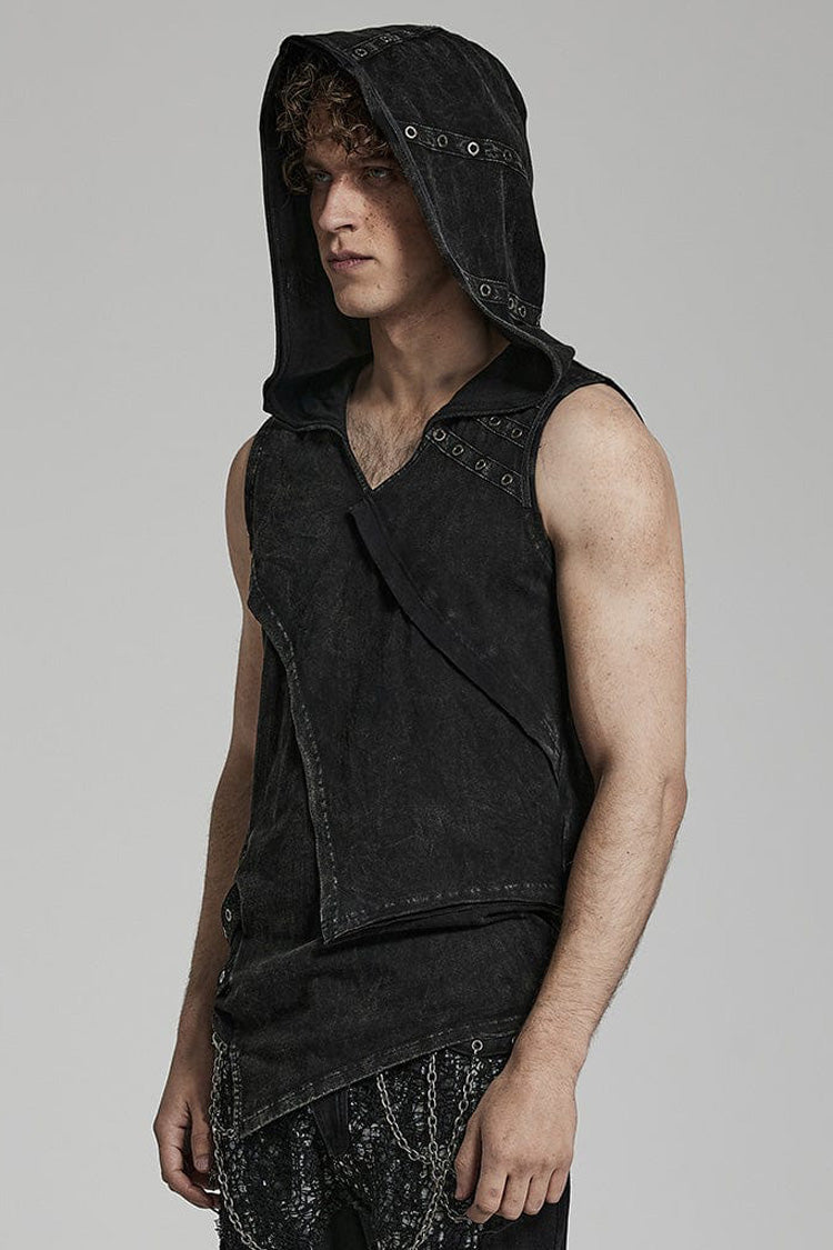 Black Sleeveless Irregular Hooded Punk Tank Top