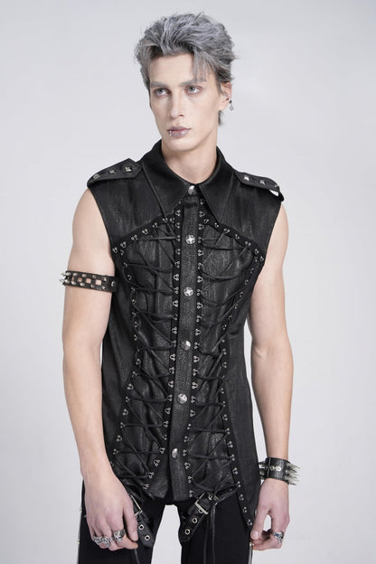 Black Sleeveless Studded Lace-up Gothic Blouse
