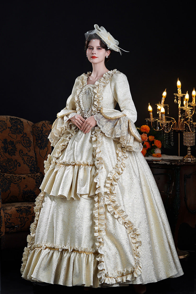 Champagne Square Collar Long Trumpet Sleeves Double-layered Ruffled Open-front Classic Palace Lolita Victorian Dress