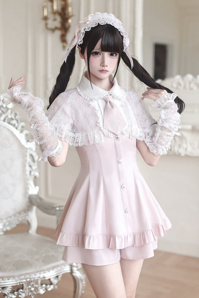 [pre-order Deadline: May 15] Pink Lace Cape Design Tie Color Dress Suit Full Set + Accessories